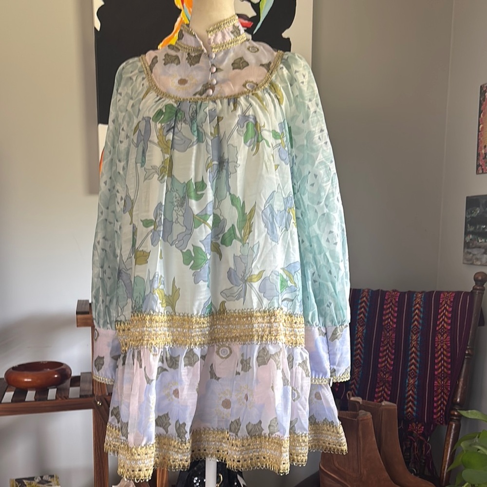 Ina Light Blue, Pale Green & Gold Floral Boho Tunic Dress